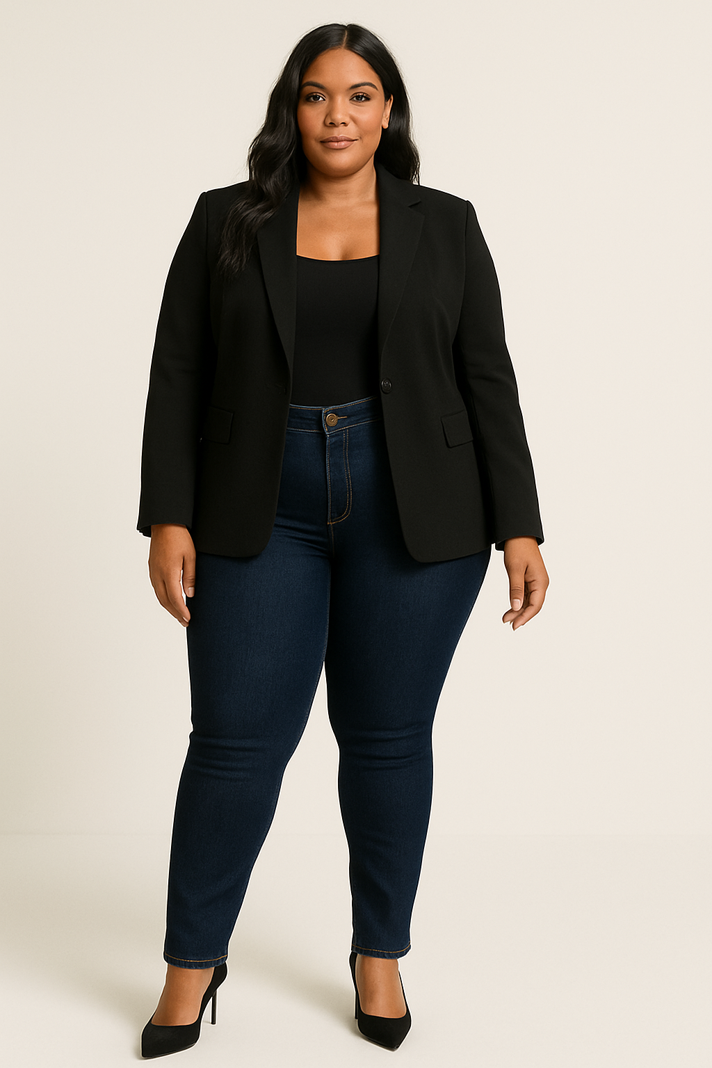 Plus-size woman wearing dark wash skinny jeans, a sleek black blazer, and heels, representing office-ready outfits for curvy women