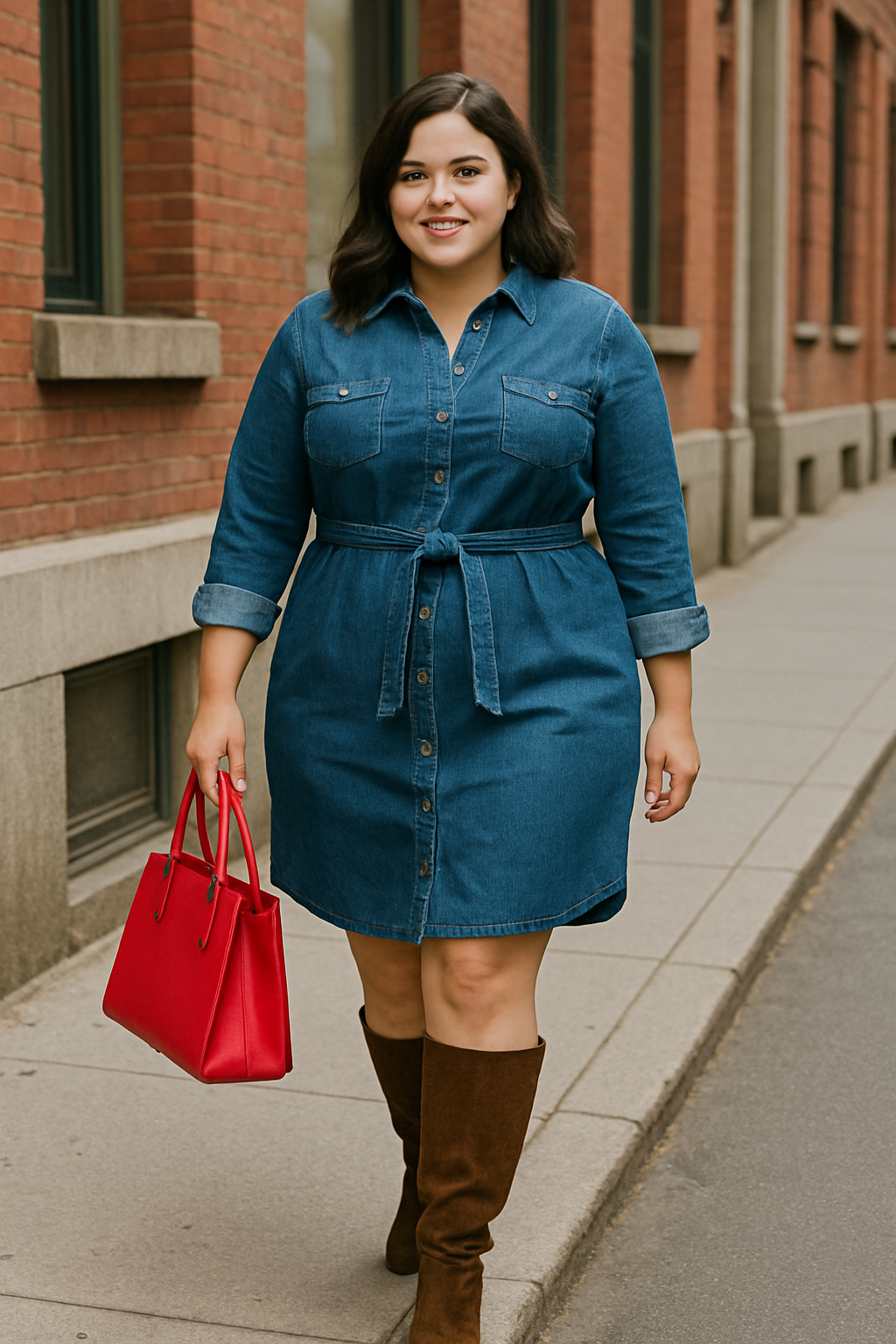 Plus-size woman in a button-down denim shirtdress with a tie belt, styled with knee-high boots and a bold red handbag for a trendy yet timeless curvy look.