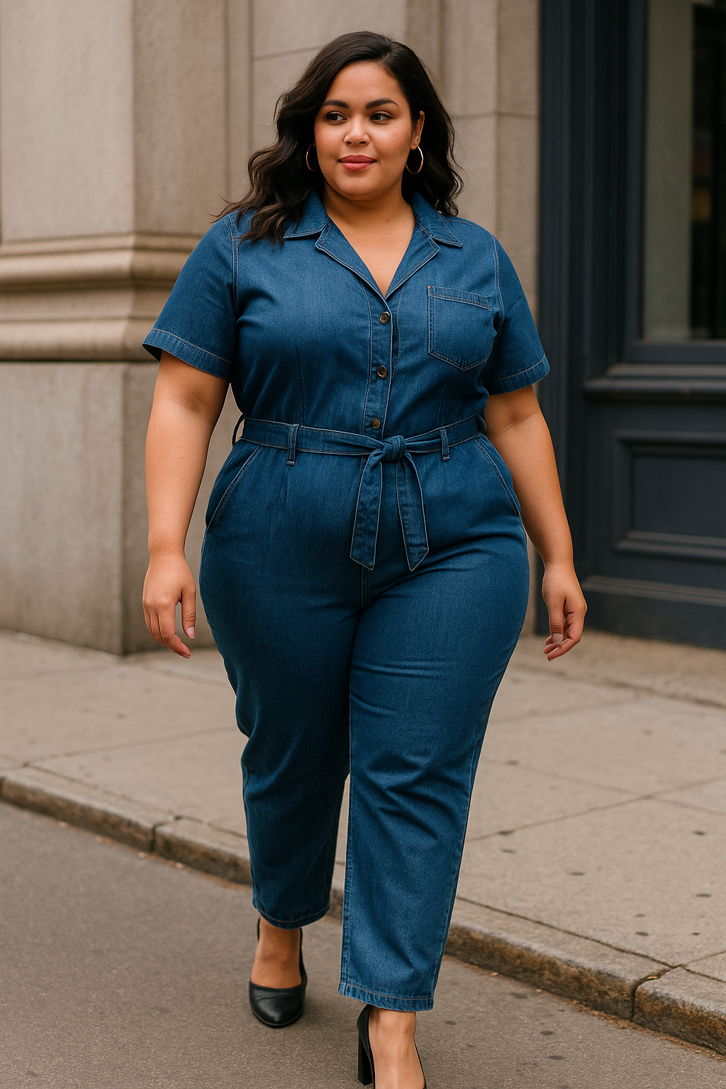 Stylish plus-size woman in a belted blue denim jumpsuit walking confidently in the city, showcasing a flattering outfit for curvy women