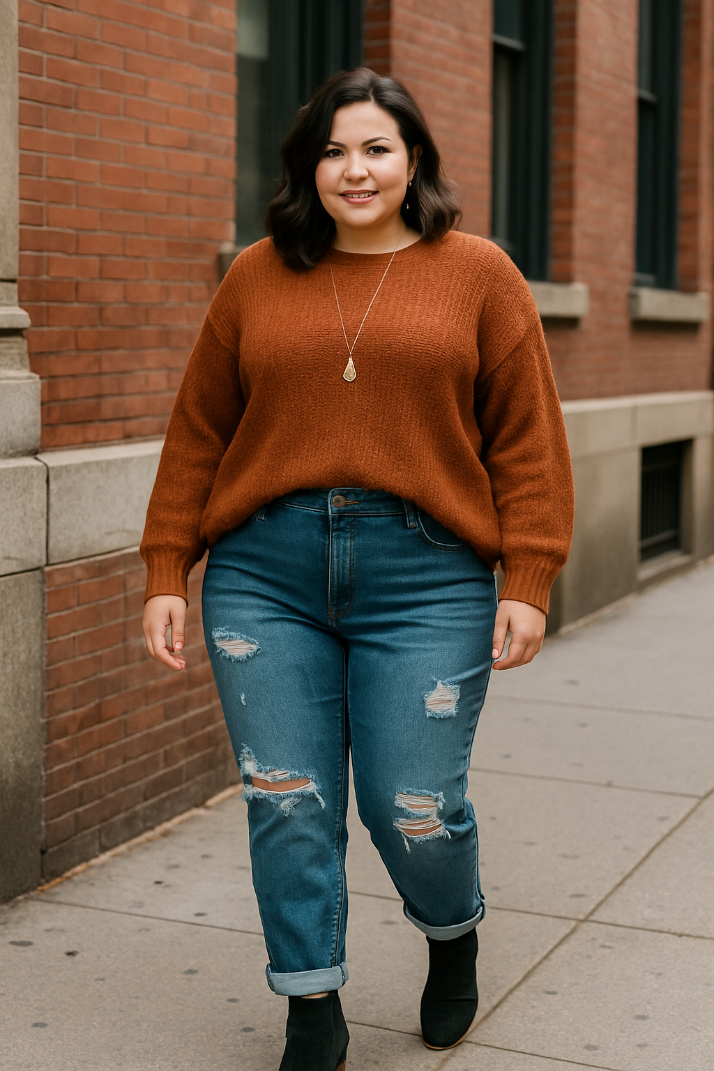 Plus-size woman in rolled distressed boyfriend jeans, burnt orange oversized sweater, and ankle boots, styled for a casual-chic look that flatters curvy figures.