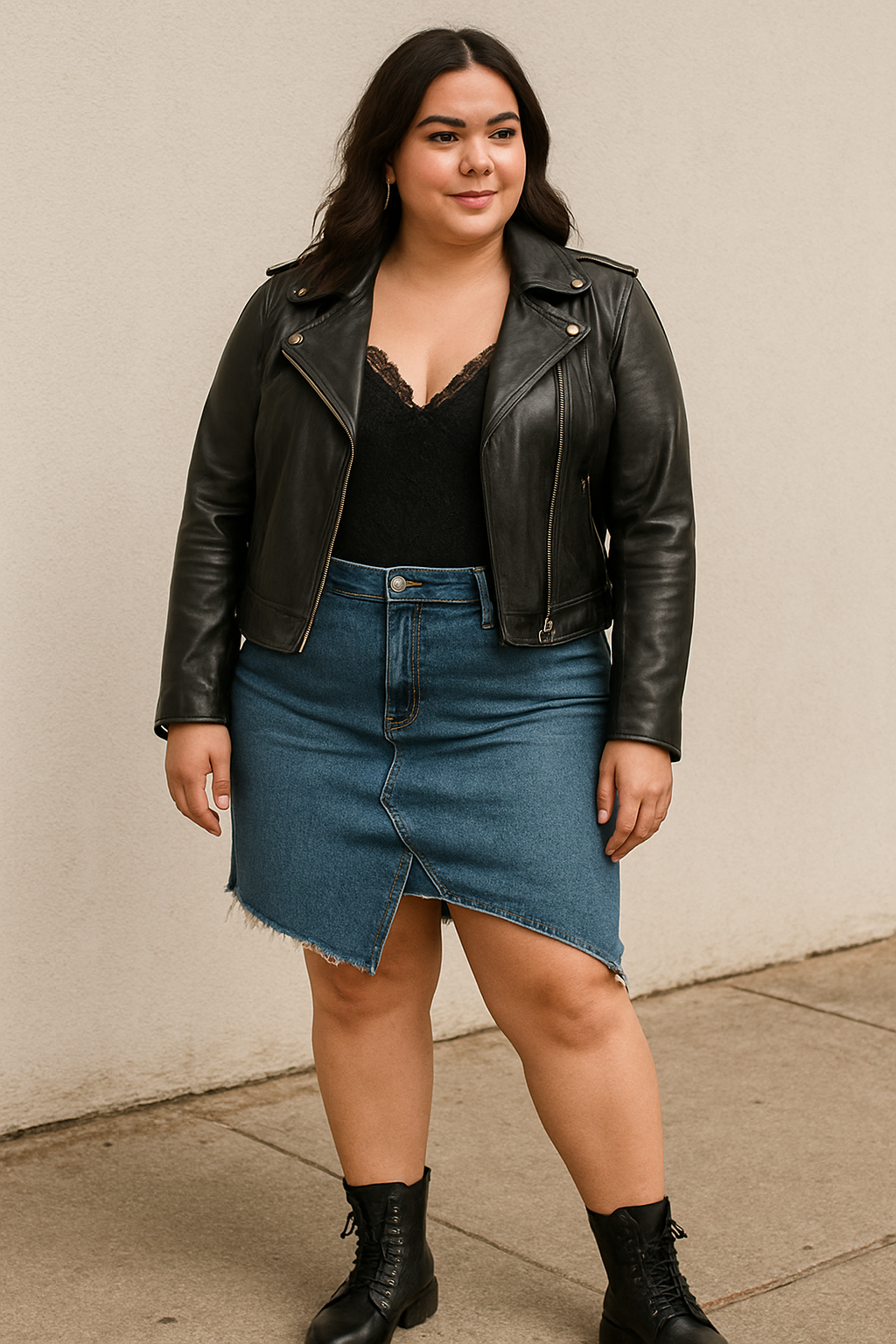 Plus-size woman wearing an asymmetrical denim skirt with a black lace bodysuit, moto jacket, and combat boots — a bold and edgy denim outfit for curvy women.