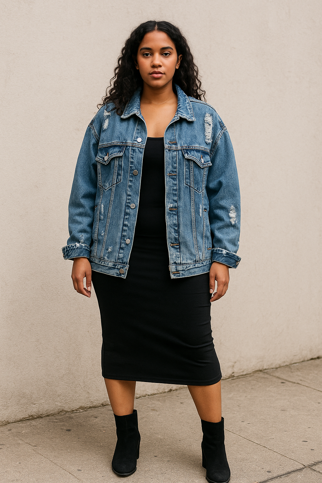 Plus-size woman wearing a distressed oversized denim jacket over a black bodycon dress with ankle boots, styled for curvy body types.