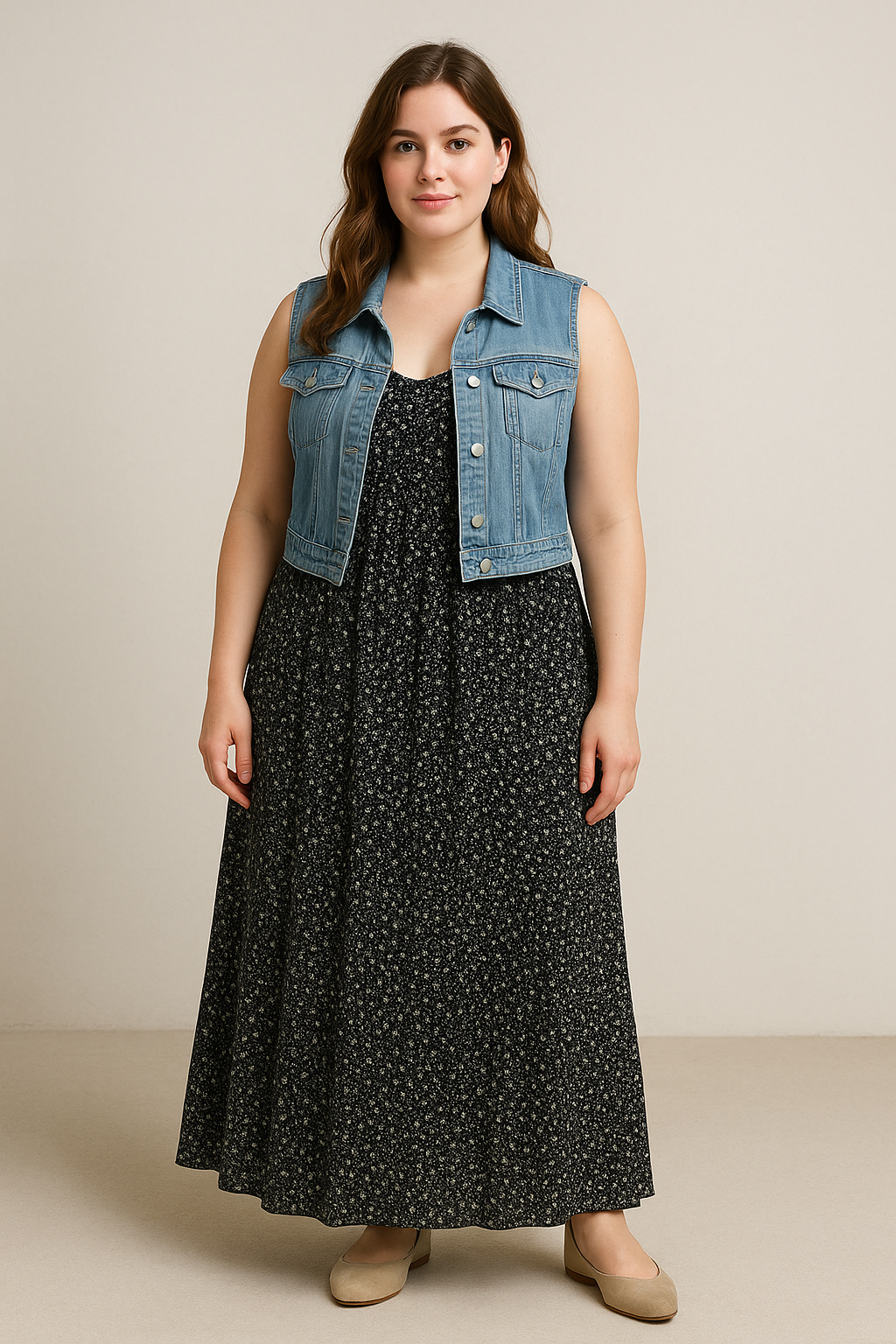 A curvy woman wearing a cropped denim vest over a black floral maxi dress, showcasing a trendy plus-size outfit for pear-shaped and inverted triangle body types.