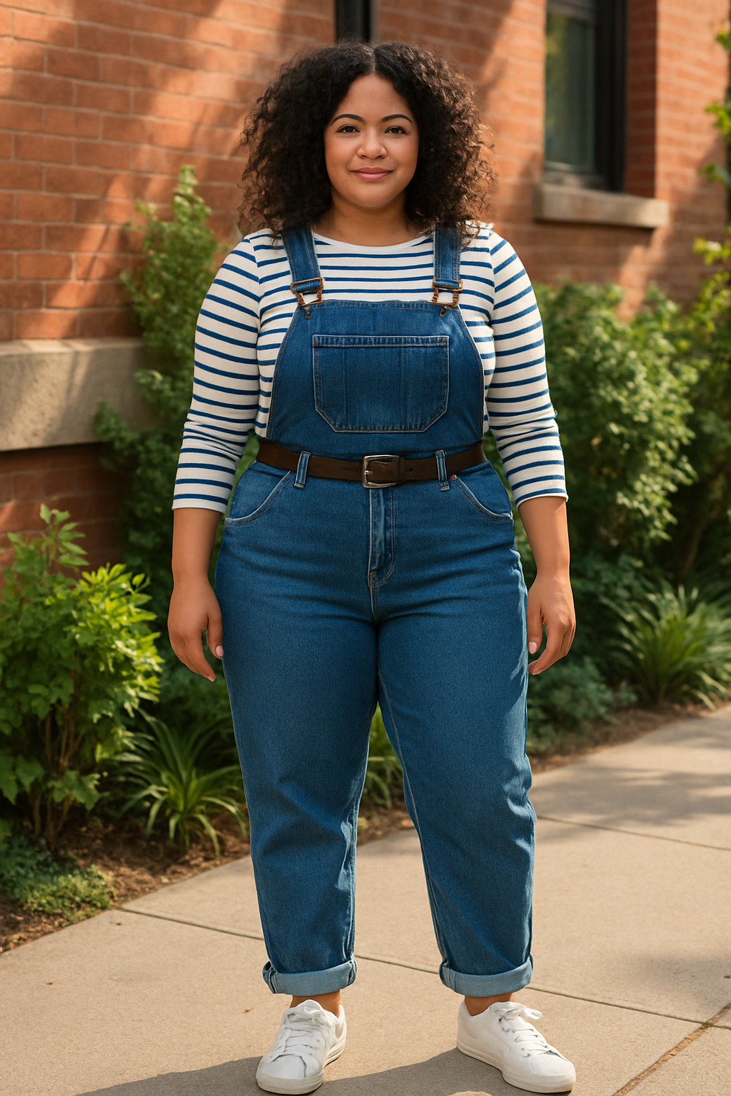 Plus-size woman wearing denim overalls over a striped long-sleeve shirt with white sneakers, styled for curvy pear and hourglass shapes.