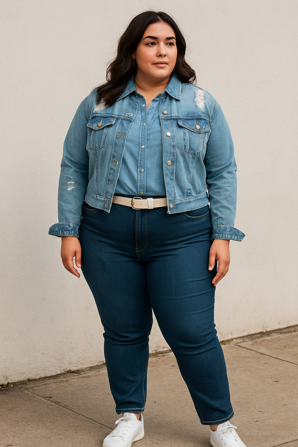Plus-size woman wearing a light-wash distressed denim jacket over a matching denim shirt, paired with dark-wash jeans, a white belt, and white sneakers.