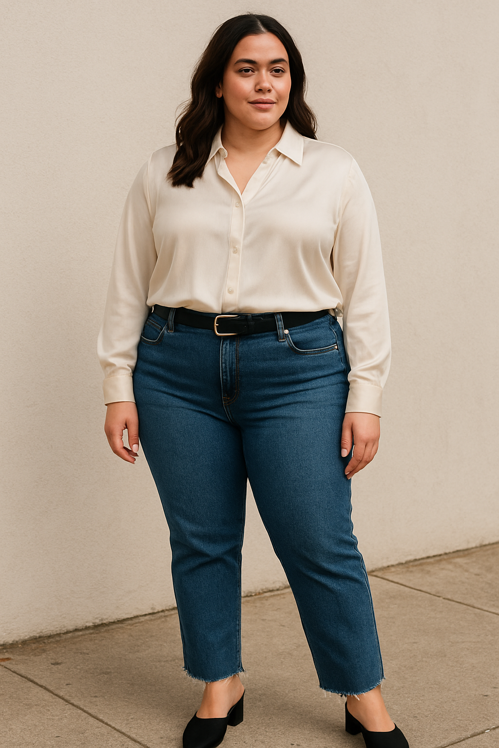 Plus-size woman wearing raw-hem straight-leg jeans with a tucked silk blouse, black belt, and black heeled mules — a refined denim outfit for curvy women.
