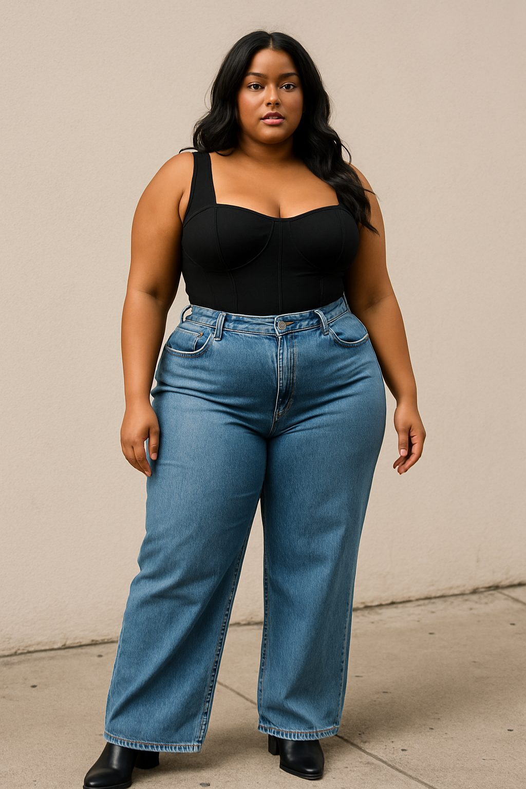 Plus-size woman in wide-leg denim jeans and a black fitted corset top, styled for curvy pear and inverted triangle body shapes.