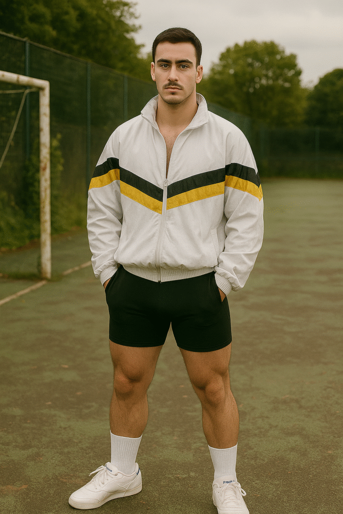 Male model in 90s-inspired Y2K football outfit: white retro track top unzipped halfway, tight cycling shorts, white tube socks, and classic white Reebok sneakers on an outdoor sports court. Blokecore aesthetic.