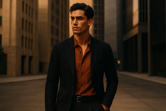 A sharply dressed man in a black blazer and burnt-orange shirt stands confidently in a golden-hour cityscape, embodying the Desert Noir aesthetic featured in the June 2025 Men's Style Files.