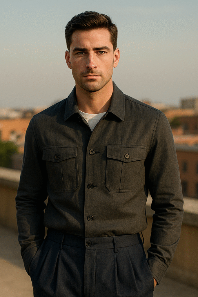 Man in charcoal safari jacket with clean lines, posing on a rooftop at sunset — a modern utility look from June 2025 Men’s Style Files
