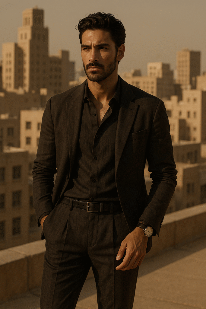 Urban man in tailored dark summer suit on rooftop at sunset, representing June 2025 Men's Style Files – Desert Noir Edit.