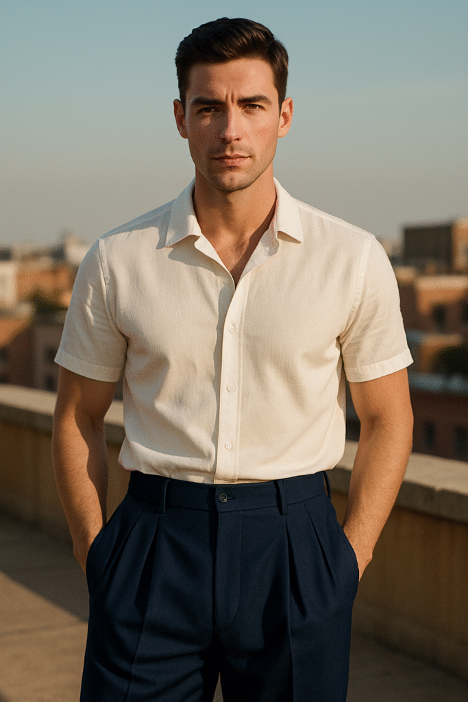 Man wearing midnight blue wide-leg trousers and white shirt on rooftop, embodying lightweight elegance from June 2025 Men’s Style Files