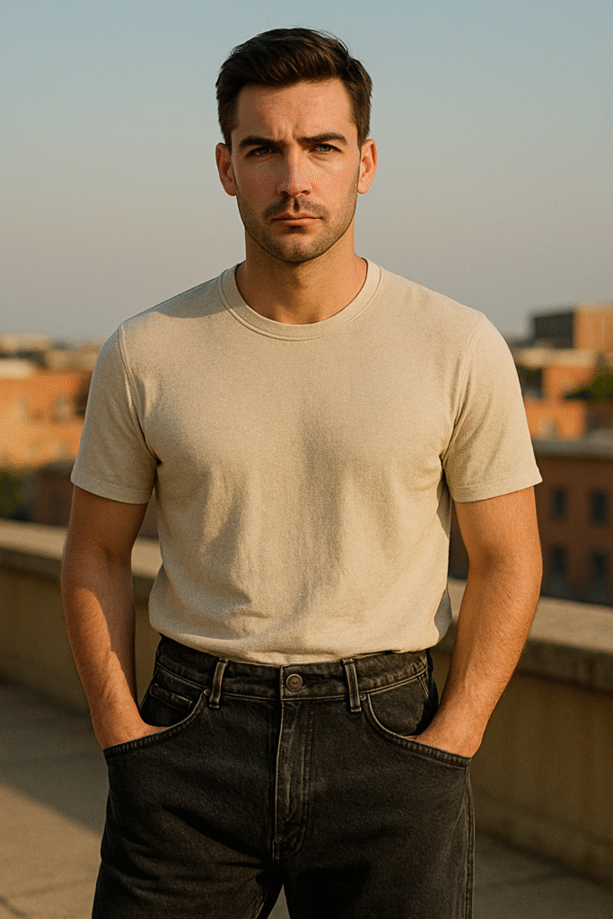 Man wearing washed black loose-fit denim jeans and a beige T-shirt, showcasing a casual modern look from the June 2025 Men’s Style Files.