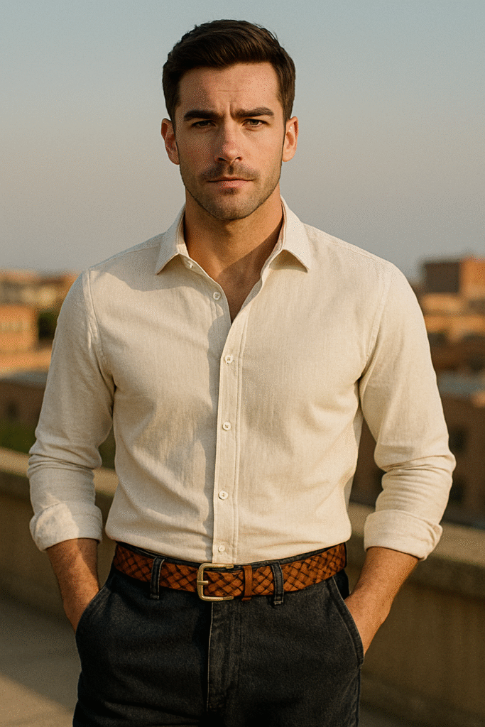 Man wearing a natural tan woven leather belt with a light shirt and trousers, styled for a refined look in the June 2025 Men’s Style Files.