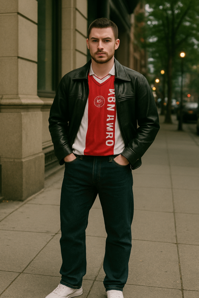 "Man wearing a crisp vintage Ajax football jersey, dark-wash straight jeans, black leather jacket, and clean white sneakers — perfect Date Night Dribbler look for Y2K Football Fashion Blokecore Style Guide 2025."