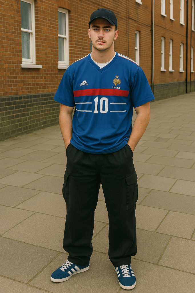"Man wearing faded ’98 France Zidane jersey with black baggy cargos, Adidas Gazelles, silver chain, and tucked-in white tee — perfect example of Y2K Football Fashion for Blokecore Style Guide 2025."