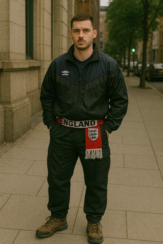 "Man wearing vintage Umbro windbreaker, cargos, hiking boots, and an England football scarf styled as a belt — Gorp-Core Fusion outfit for Y2K Football Fashion Blokecore Style Guide 2025."