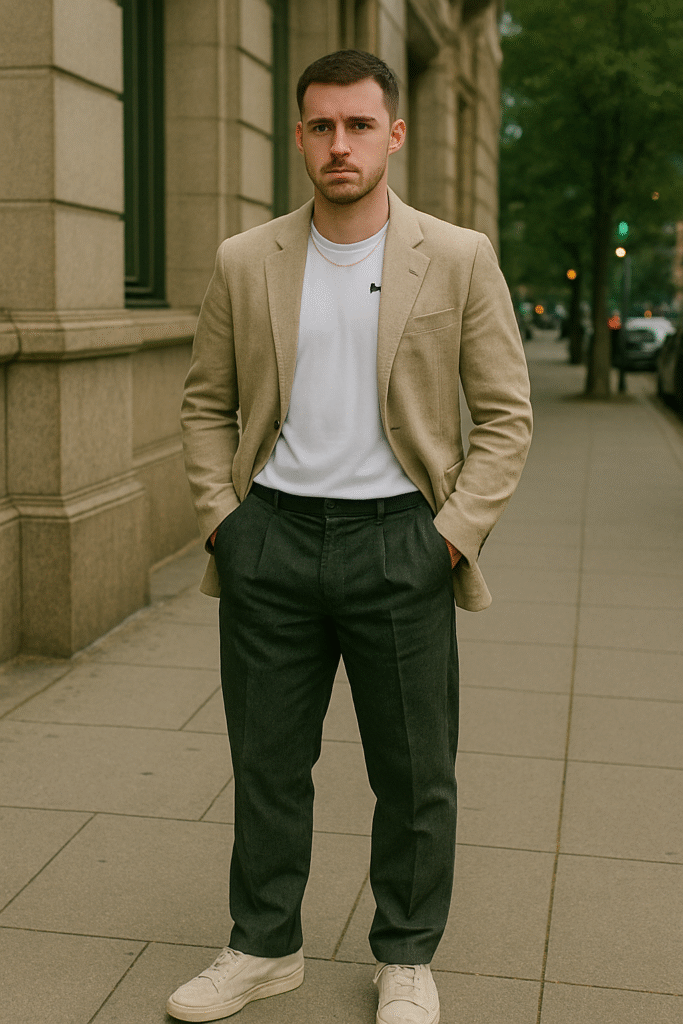 "Man wearing minimalist Puma football jersey, beige linen blazer, pleated trousers, and suede trainers — smart Office Blokecore outfit for Y2K Football Fashion Blokecore Style Guide 2025."
