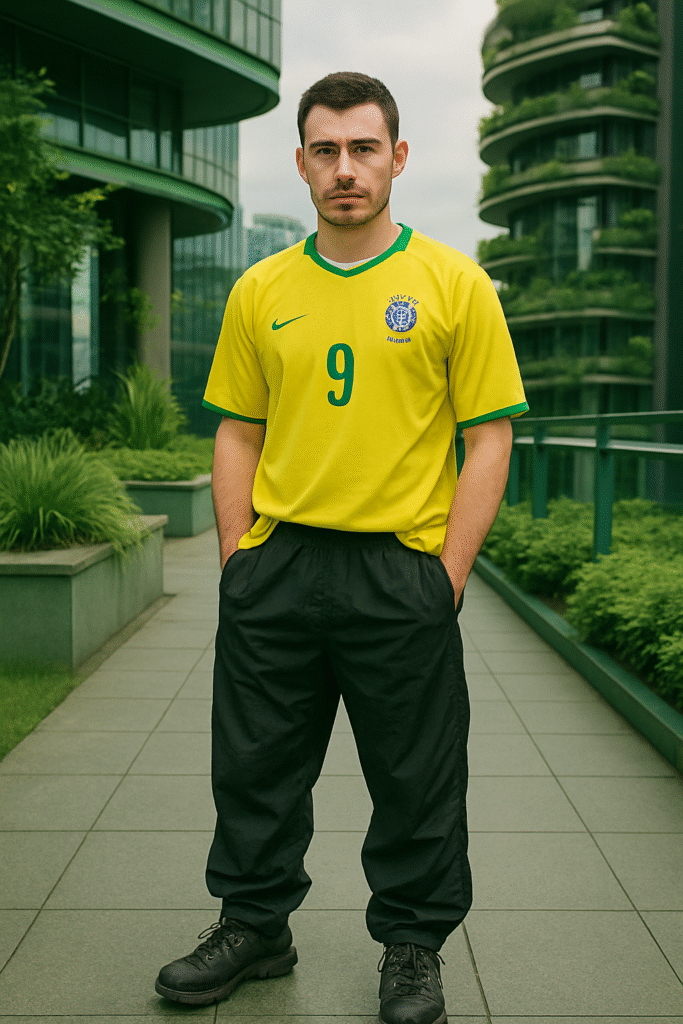 "Man wearing Brazil 2002 R9 football jersey, waterproof nylon track pants, and hiking boots for a Tech-Infused Terrace look — part of the 2025 Y2K Football Fashion Blokecore Style Guide."
