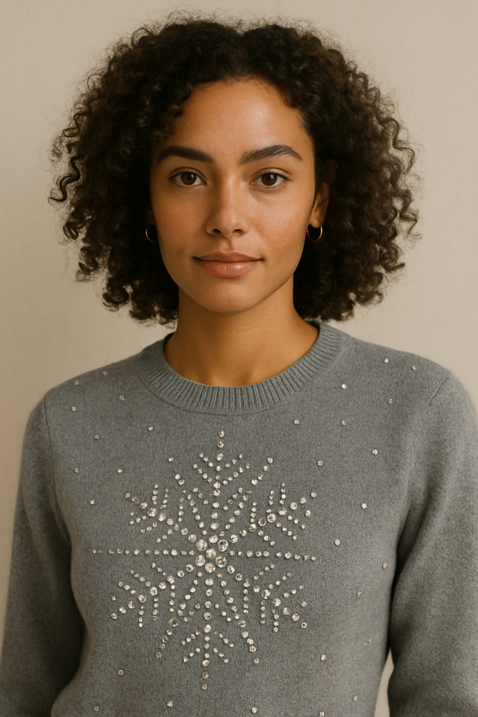 Woman wearing a grey sweater with rhinestone snowflake detailing, showcasing bedazzled knitwear in 2025's Rhinestone Y2K Fashion trend.