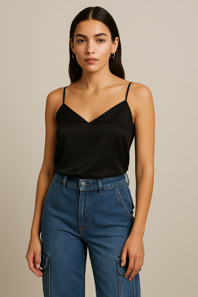 “Woman wearing wide-leg cargo denim pants with multiple pockets, styled with a black camisole for a 2025 Y2K essentials look”