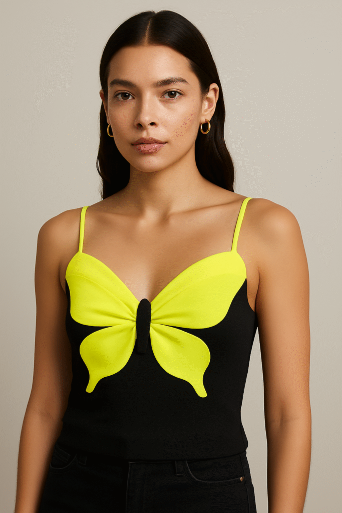 “Woman wearing a colour-blocked butterfly top with neon and neutral accents, paired with dark denim, showcasing 2025 Y2K fashion essentials”