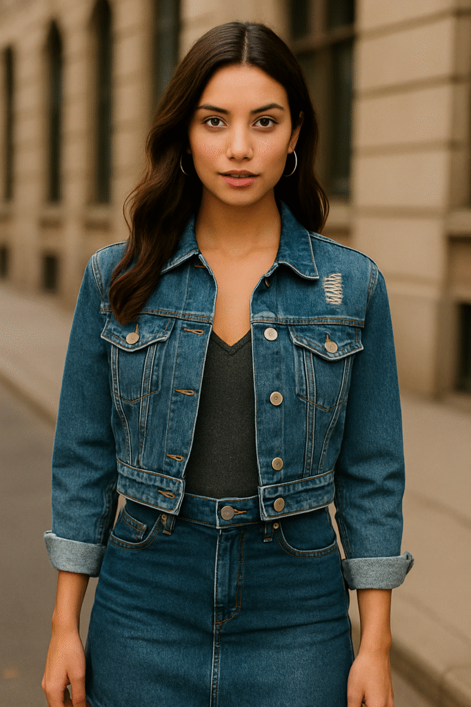 Woman wearing a fitted cropped denim jacket with distressed detailing, styled over a dark top and skirt, showcasing 2025 Butterfly Tops & Denim from the Y2K Essentials trend.