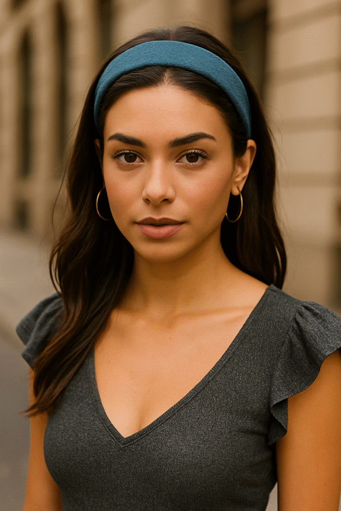 Young woman wearing a wide denim headband with gold hoops and a flutter-sleeve top, embodying nostalgic Butterfly Tops & Denim from the 2025 Y2K Essentials collection.
