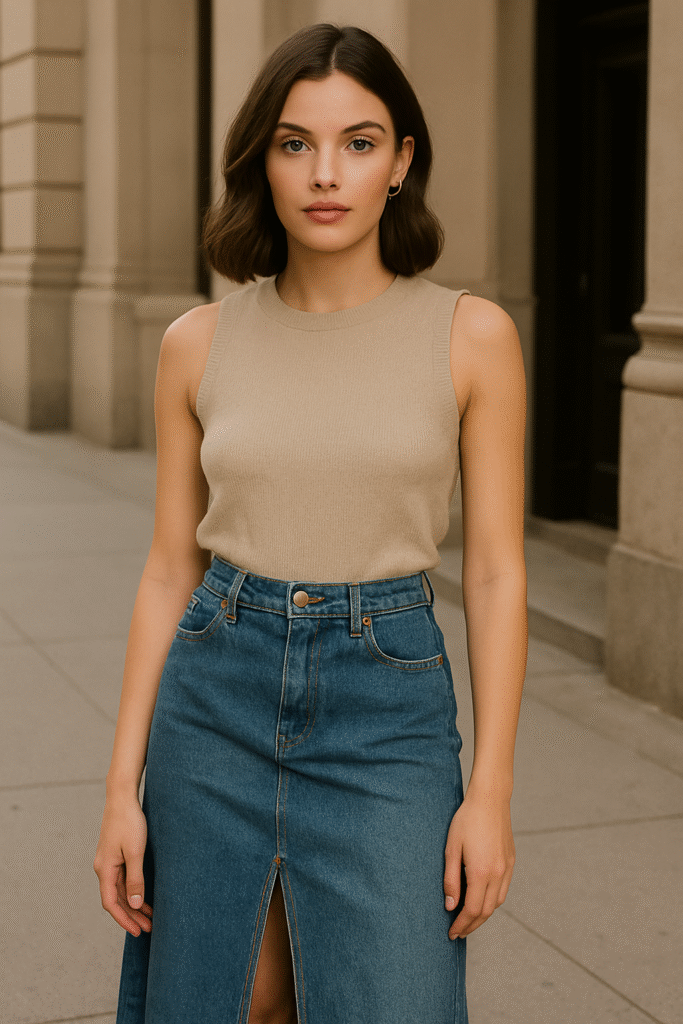 "Model wearing a high-waisted denim maxi skirt with front slit, styled with a sleeveless beige top for a modern Y2K essentials look"