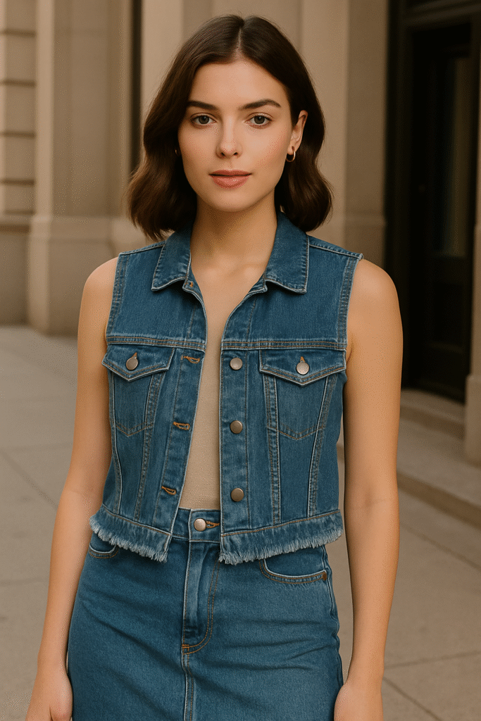 "Model wearing a denim vest with fringed hem layered over a neutral top, styled with high-waisted denim for a modern Y2K Essentials look"