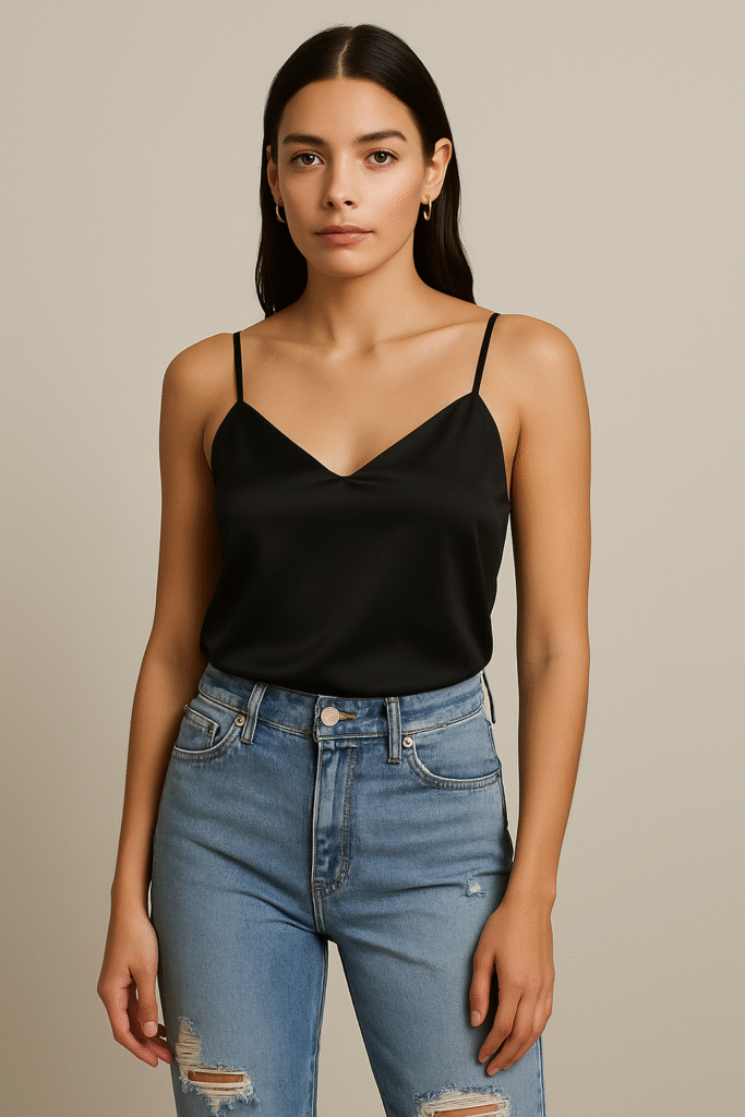 “Woman in black satin top and slightly fitted distressed boyfriend jeans, styled for 2025 Y2K essentials with modern denim flair”