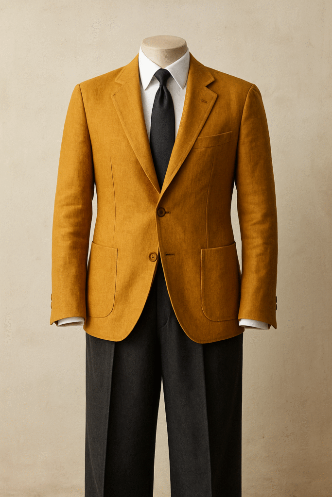 Deconstructed ochre linen blazer with wide-leg charcoal trousers from the June 2025 Men's Style Files Desert Noir Edit