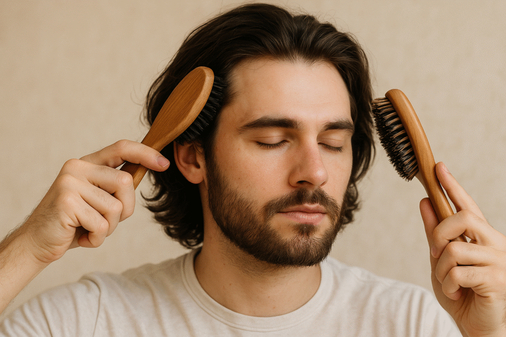 A young man with medium-length hair using a wooden comb and boar bristle brush for natural grooming, reflecting 2025 men's style and care essentials.