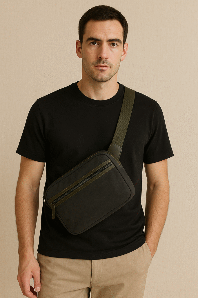 Man wearing a charcoal and olive minimalist crossbody bag with waxed canvas and leather accents from the June 2025 Men's Style Files Desert Noir Edit
