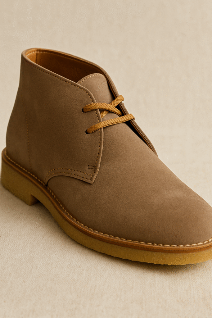 Premium taupe nubuck suede desert boots featured in the June 2025 Men's Style Files Desert Noir Edit