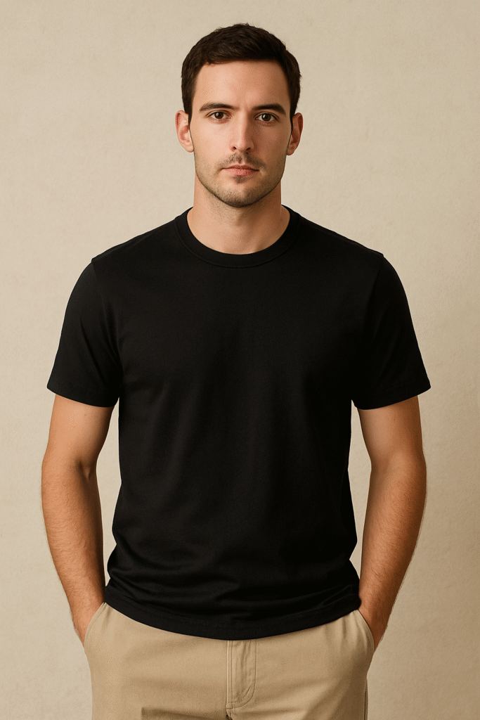 Model wearing a structured black organic Pima cotton T-shirt from the June 2025 Men's Style Files Desert Noir Edit