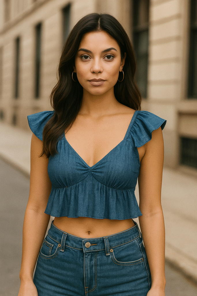 A woman wearing a long-line butterfly top with fluttering neckline and back, slightly cropped to balance torso proportions, styled with high-rise denim – a key look from 2025 Y2K Essentials.