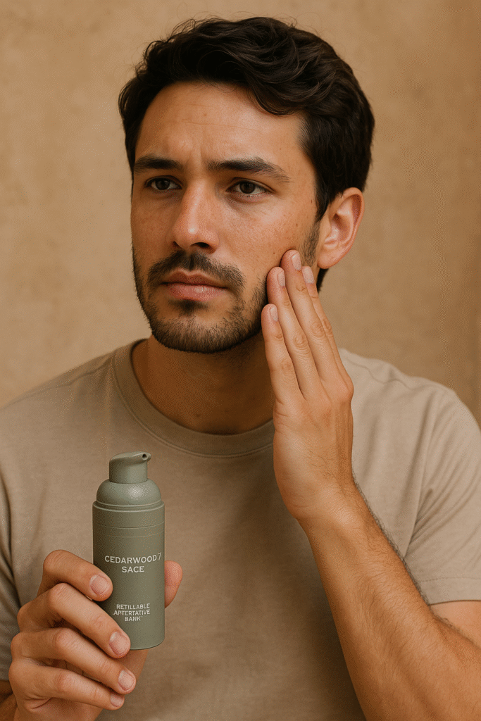 A man applying cedarwood and sage refillable aftershave balm as part of his sustainable grooming routine, reflecting trends in 2025 men’s style.