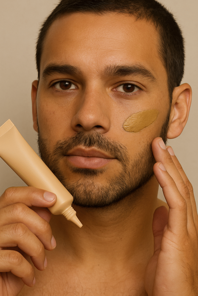 Close-up of a man with olive-tan skin applying mineral-based tinted moisturizer with SPF, featured in the June 2025 Men's Style Files Desert Noir Edit.