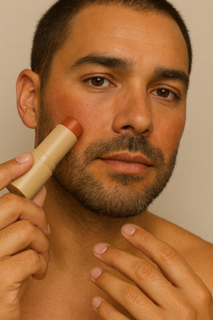 A man applies a terracotta multi-balm to his cheek, creating a natural sun-kissed flush as part of the June 2025 Men's Style Files: Desert Noir Edit.
