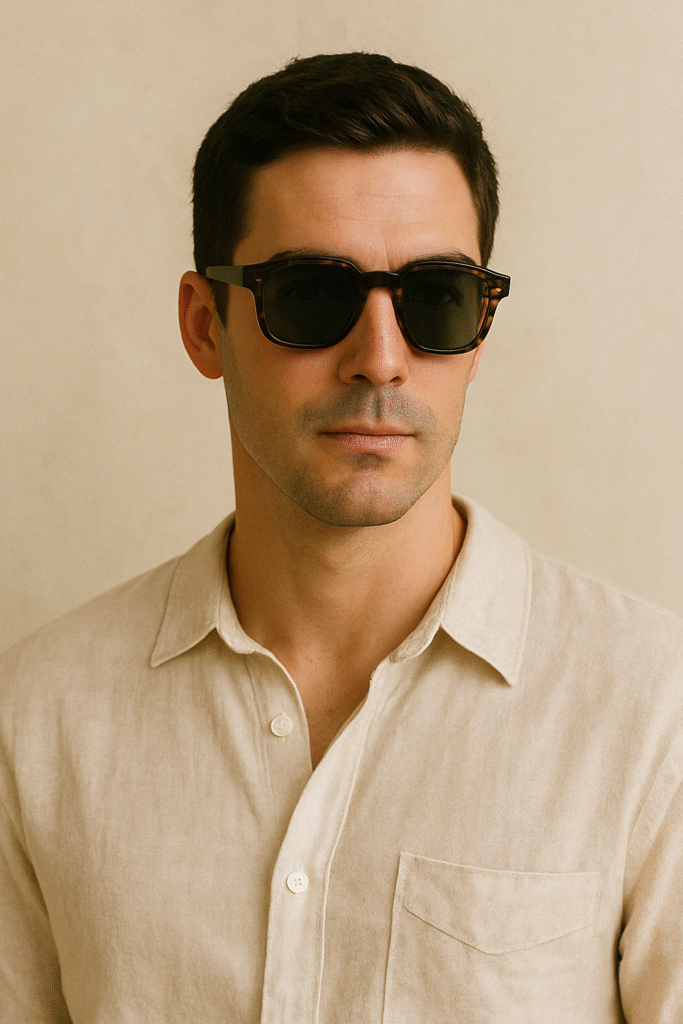 Man wearing architectural dark tortoise sunglasses with dark green lenses, styled for June 2025 Men's Style Files Desert Noir Edit