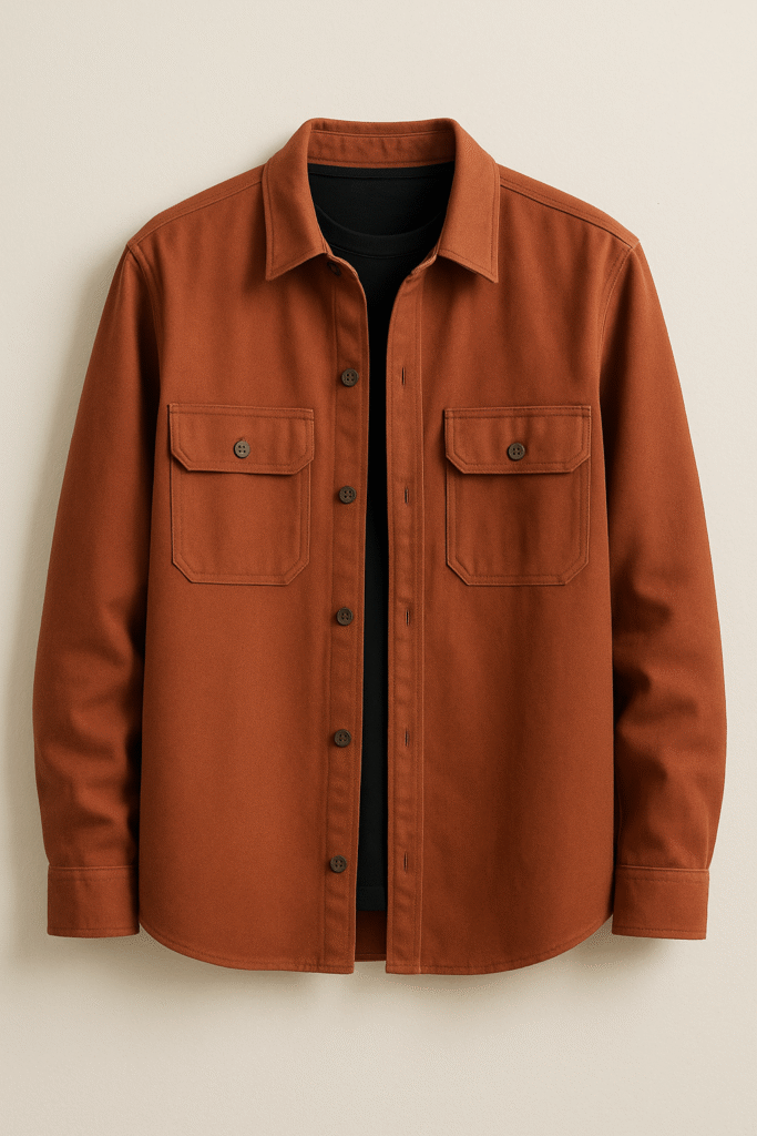 Terracotta overshirt in organic cotton canvas styled over a black tee, part of the June 2025 Men's Style Files Desert Noir collection