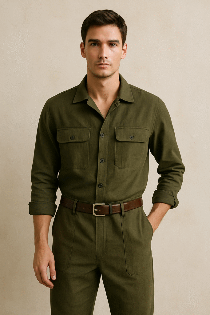 Man wearing a deep olive utility jumpsuit in linen blend with a brown leather belt, styled for the June 2025 Men's Style Files Desert Noir Edit