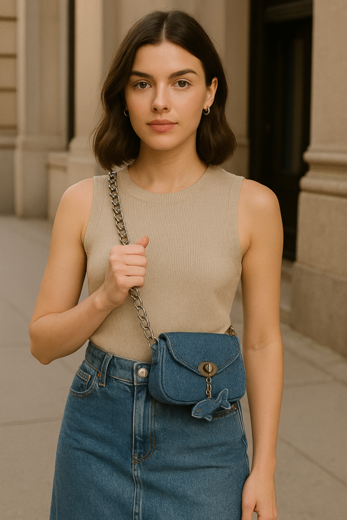 "Young woman holding a micro denim bag with chain strap and fish-shaped charm, styled with a sleeveless top and denim skirt for a Y2K Essentials look"
