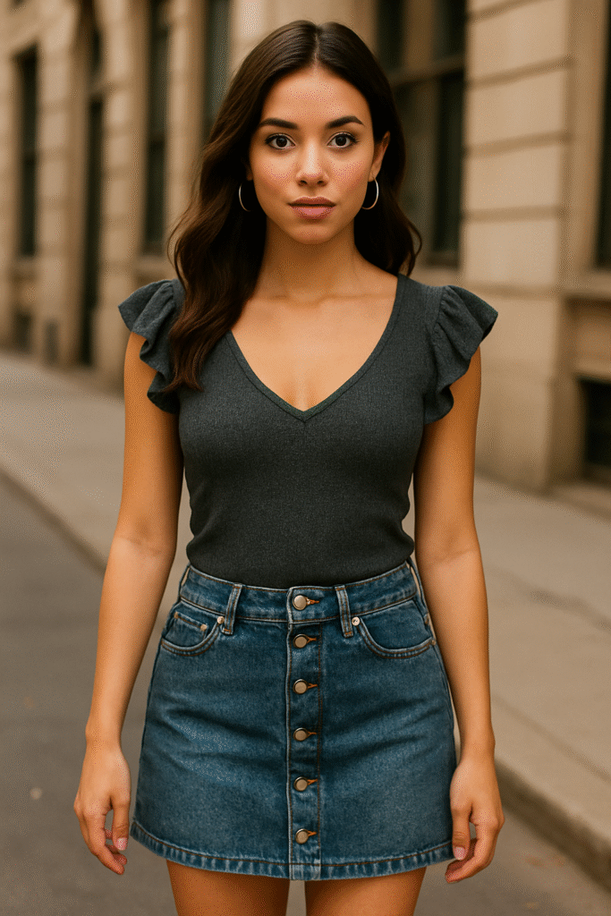 A young woman in a button-front A-line denim mini skirt styled with a flutter-sleeve top, representing Butterfly Tops & Denim from the 2025 Y2K Essentials trend.