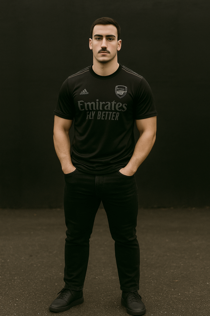 "Model in an all-black Arsenal away kit styled with black denim and matte-black trainers — a stealth-wealth look inspired by Y2K football fashion and blokecore streetwear."