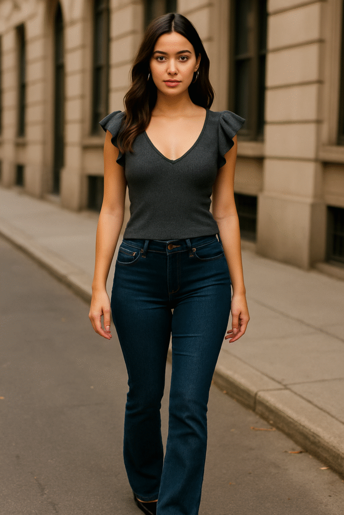Woman wearing reimagined low-rise bootcut jeans in a dark wash, paired with a fitted flutter-sleeve top, showcasing a modern twist on Butterfly Tops & Denim from the 2025 Y2K Essentials collection.