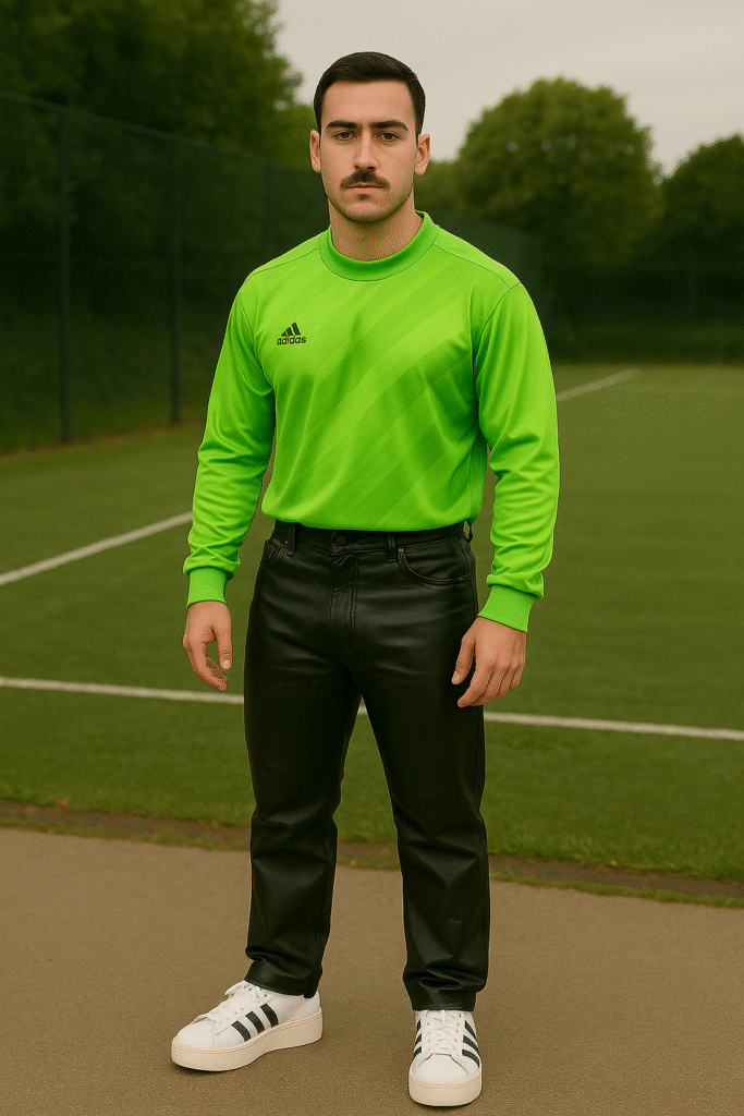 "Man wearing a bright green goalie jersey, black leather pants, and platform Adidas Superstars—embodying the bold Retro-Keeper Glam of Y2K football fashion."