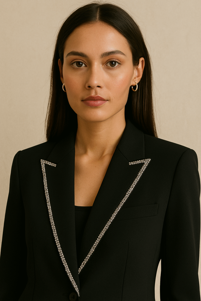 Woman in a sleek black blazer with rhinestone-trimmed lapels, representing bold tailoring in 2025’s Rhinestone Y2K Fashion trend.