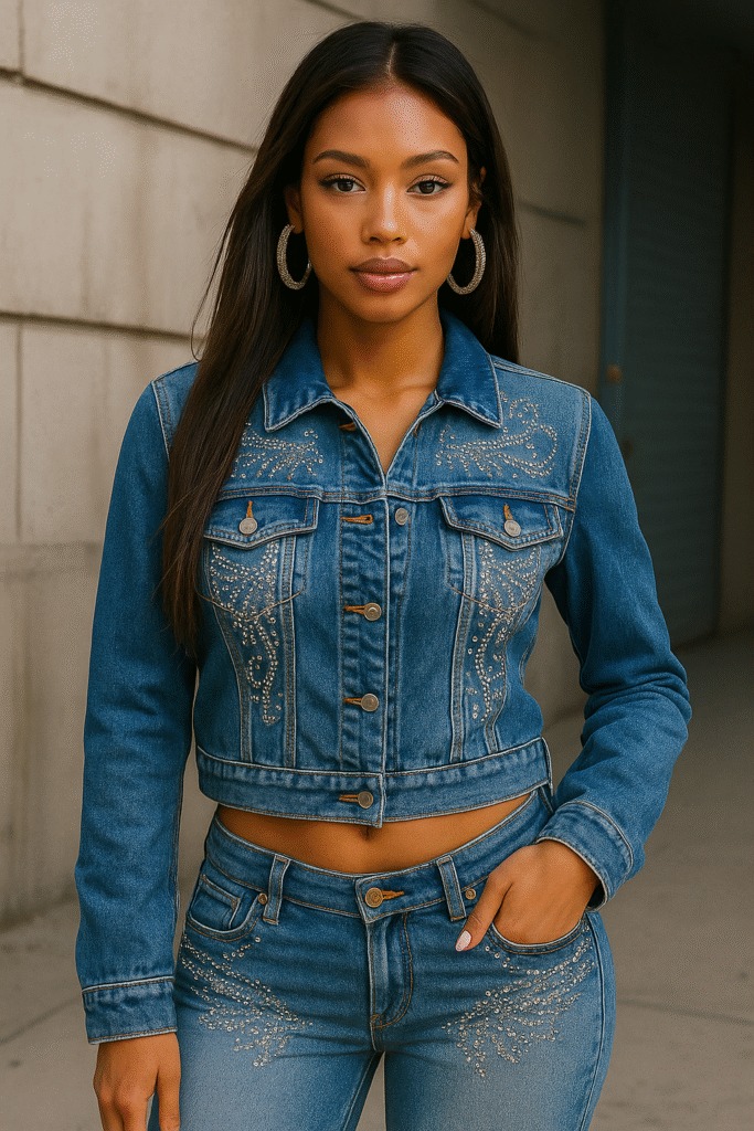 Woman wearing a bedazzled denim jacket and rhinestone jeans showcasing Rhinestone Y2K Fashion comeback 2025